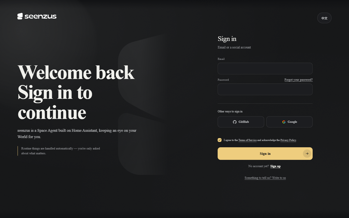 Login page: email and password, or continue with GitHub / Google