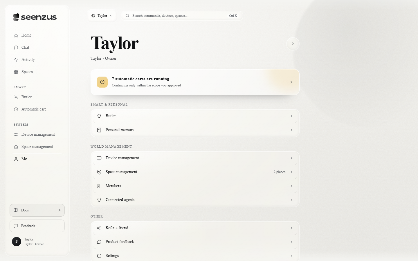 Me: space/device/done-for-you stats; entries for butler, scheduled tasks, activity, personal memory, Sources, Sites, members, appearance & language