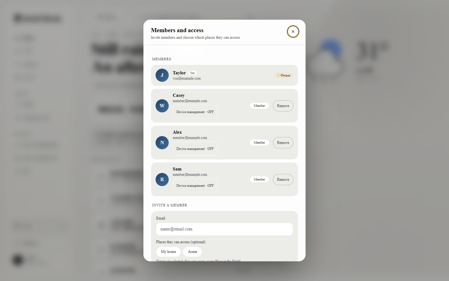 Members: current members, pending invitations, invite by email and limit to certain Sites